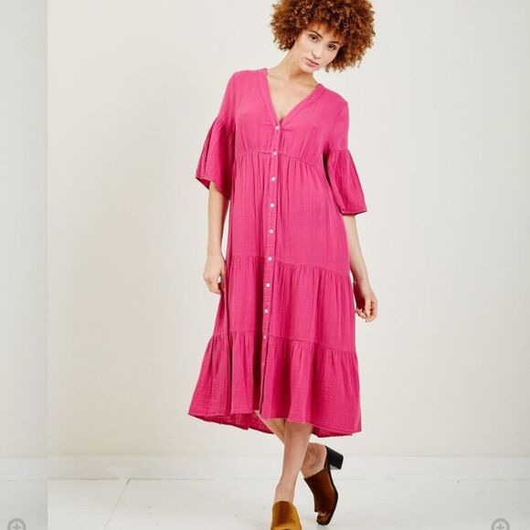 Xirena 100% Cotton Gauze Bell Sleeve Pink Tiered Midi Kendall Dress with Pockets - Picture 1 of 9
